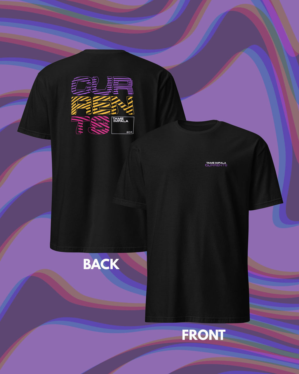 Black t-shirt with text design on front and back against a colorful wavy background