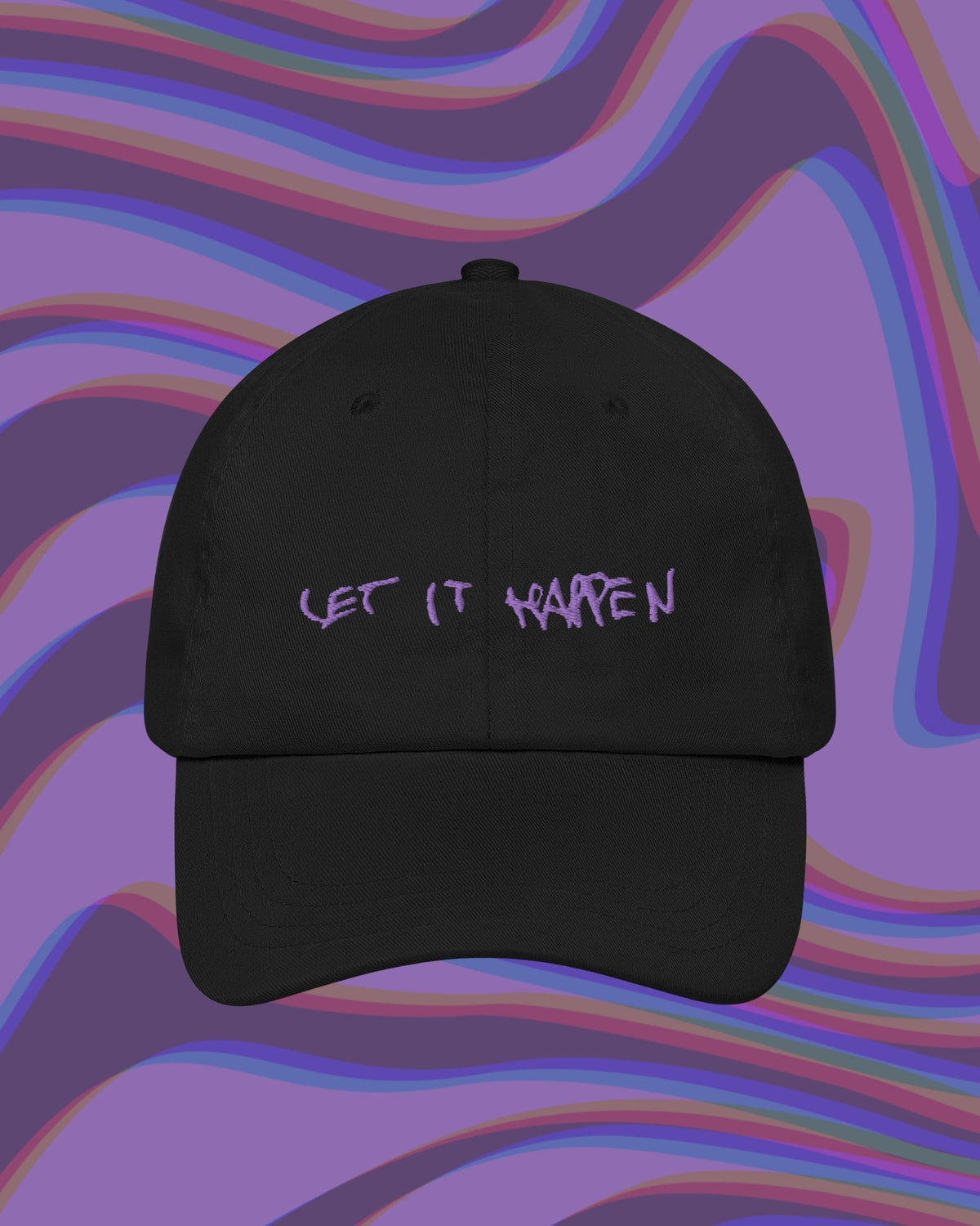 Black embroidered hat with "Let it Happen" in purple text