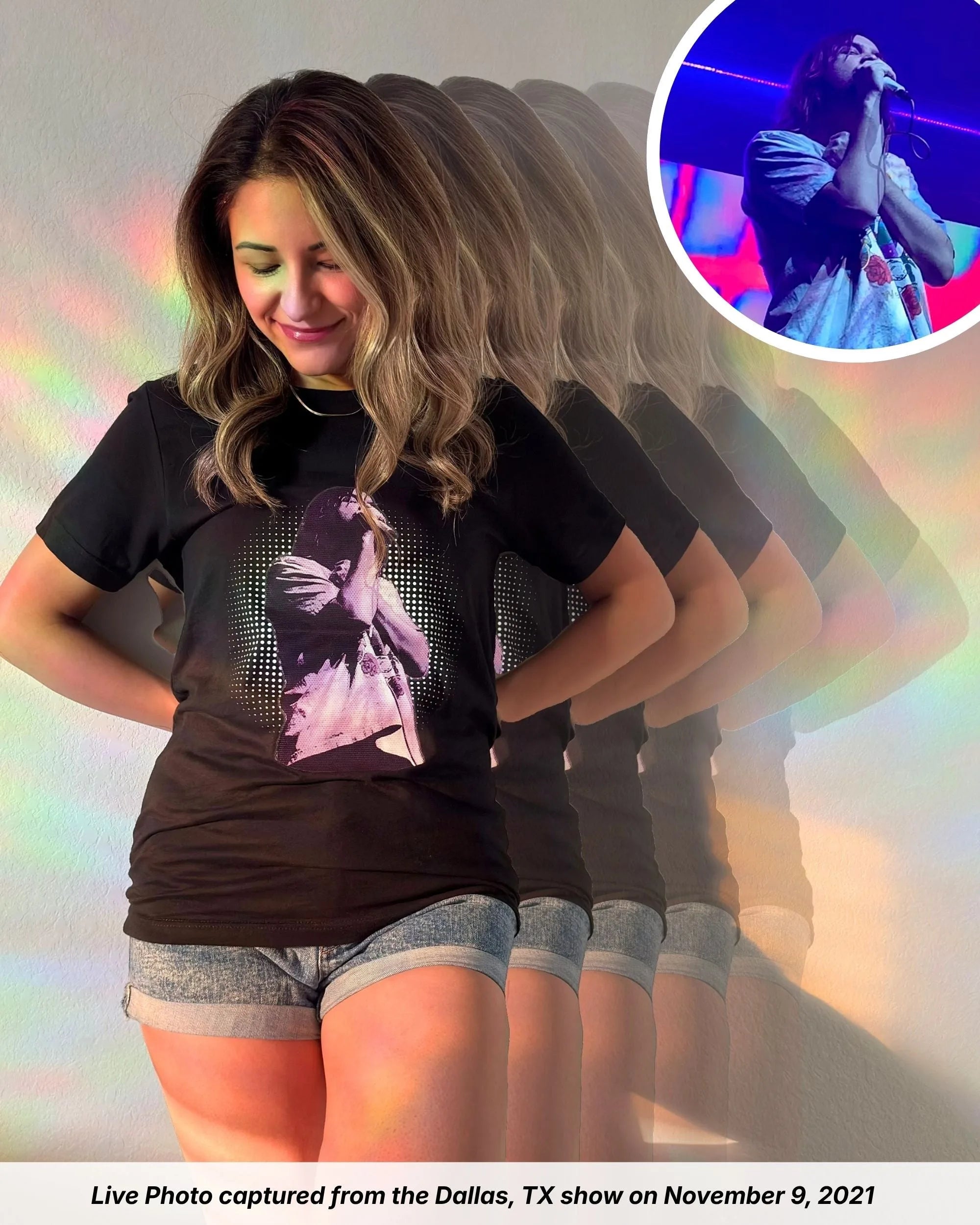 Model is wearing a black Tame Impala t-shirt with a Live Photo of Kevin Parker in a purple filter from The Slow Rush Tour in Dallas, TX on November 9, 2021. Dotted background behind Kevin.