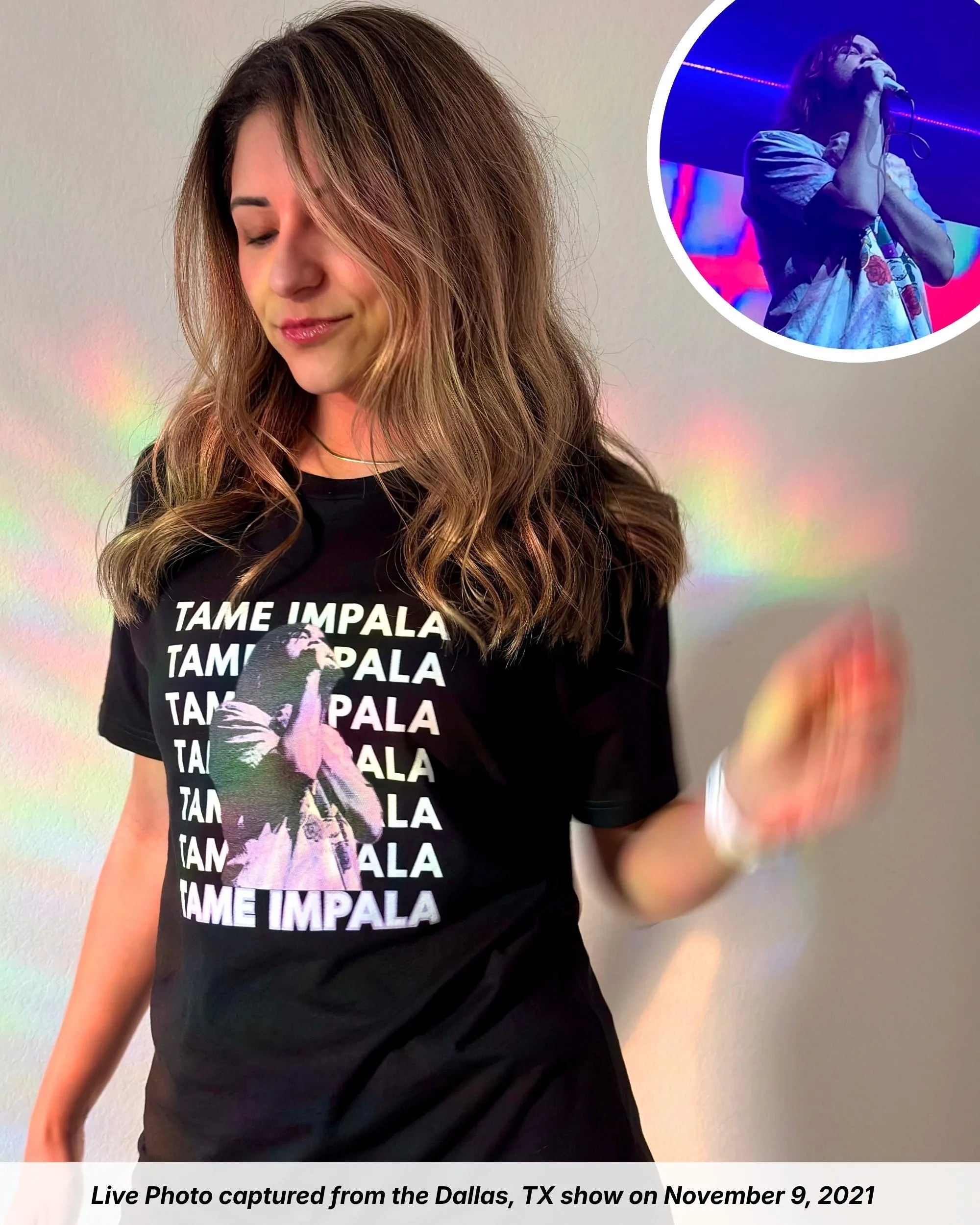 Model is wearing a black Tame Impala t-shirt with Tame Impala repeating text and a Live Photo of Kevin Parker from The Slow Rush Tour in Dallas, TX on November 9, 2021.